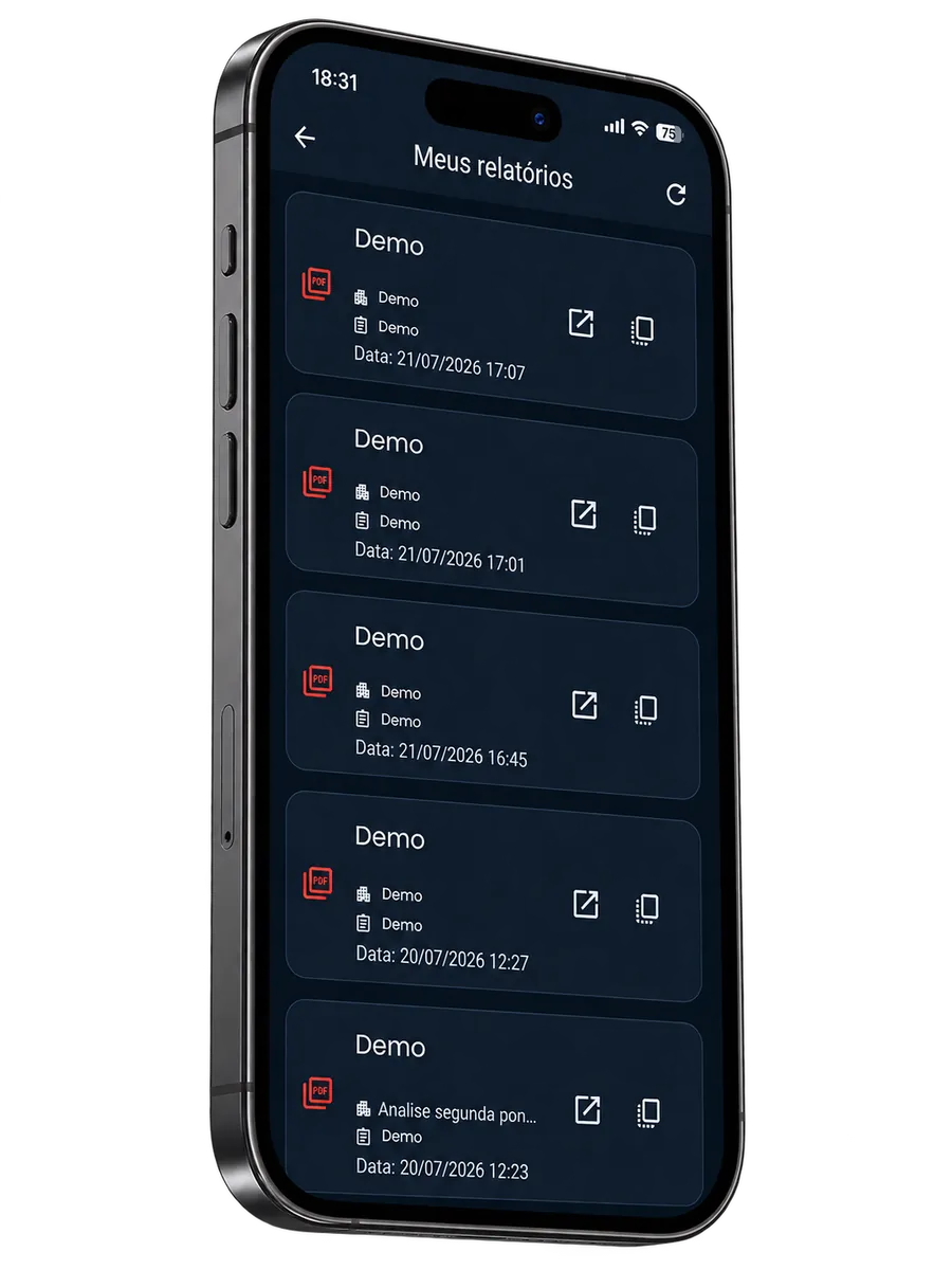 Tela Relatórios do app VistoPred — Relatório em PDF na hora